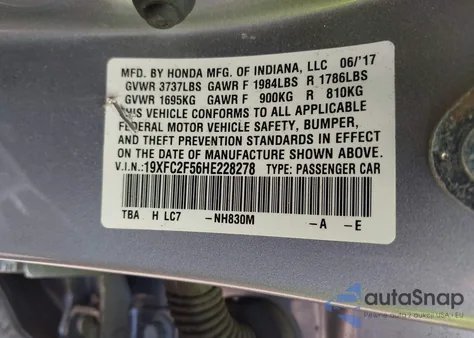 2017 Honda Civic Lx from USA, damaged, VIN 19XFC2F56HE228278